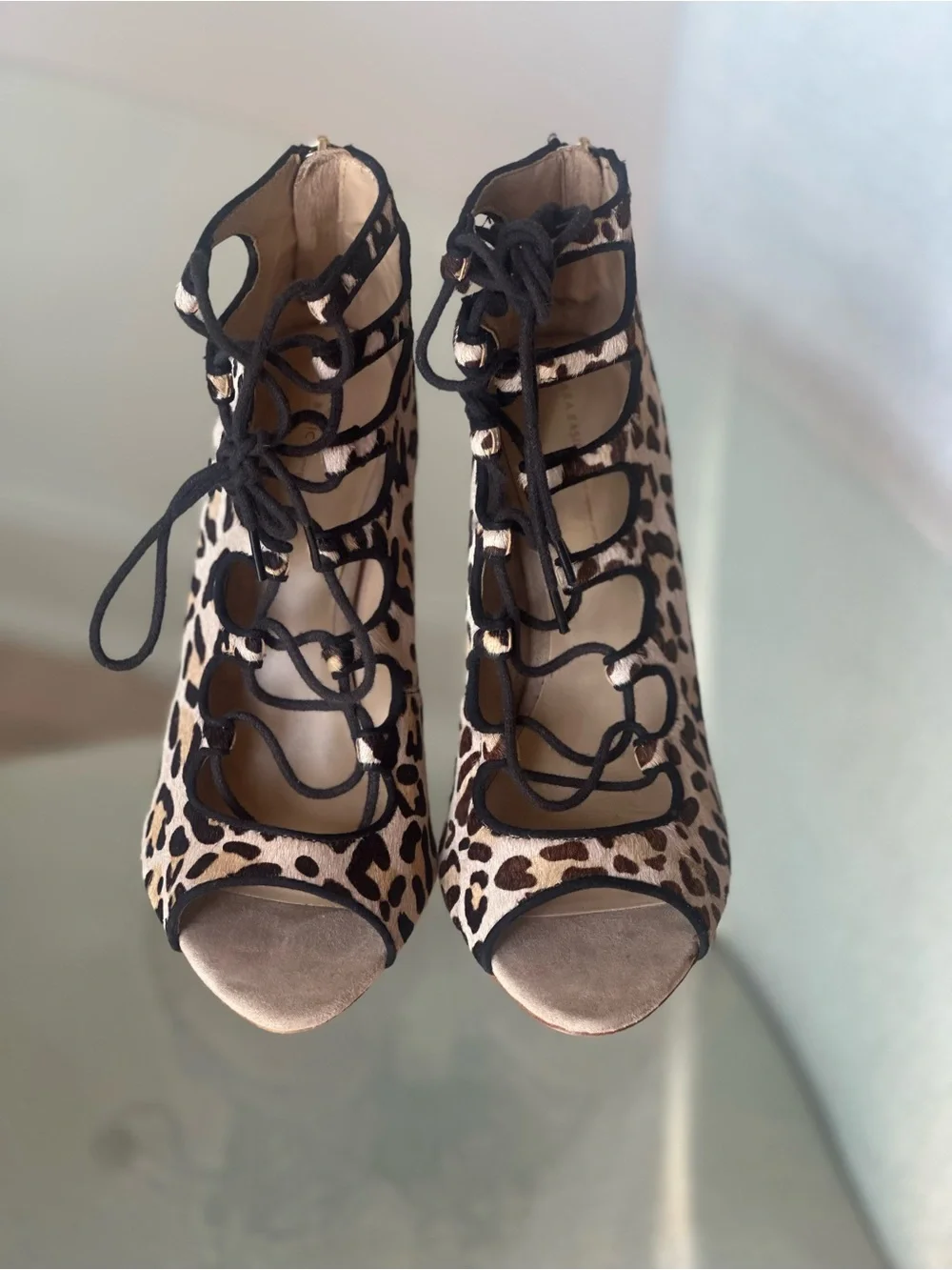 Zara calf hair leopard print Lace-Up Peep Toe Heels - Black & Beige sz 39 8US